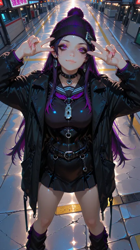 (Very Aesthetic),perfect anatomy,neo-gothic Ikebukuro woman,dark,Sagittal,(166cm),23 years old,BREAK,slender body,Waist,My toes are long ,Gloss Skin,Fair skin,dark haired,Edo purple hair,Multicolor Gradation Hair,straight long hair,BREAK,(Black Long Jacket with Multiple Zippers Outside Sailor Style),Inner Button Corset Short Skirt Black Dress,BREAK,Outer Layer Sailor Style Zipper Black Long Coat,black ribbon leg warmer,Knitted Hat with Large Clip,Studded neck belt,earrings,BREAK,Neo thick makeup,BREAK,(Ikebukuro Station Background, Toshima City,  Tokyo :1.3),Brilliant City Light,(Active peace sign pose ),(high angle:1.3),ambient light,(dynamic shadows:0.8),BREAK,(God's miracle masterpiece:1.2,BREAK,Best High Quality,High Quality:1.2, Unity 8k )