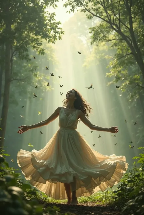 Wide shot with upward tilt
Visual Details: Elara twirls slowly in the clearing, arms open. Leaves swirl around her. The sky is visible through a break in the canopy, light cascading down in soft beams.
Character Action/Emotion: Her face is lifted to the sk...