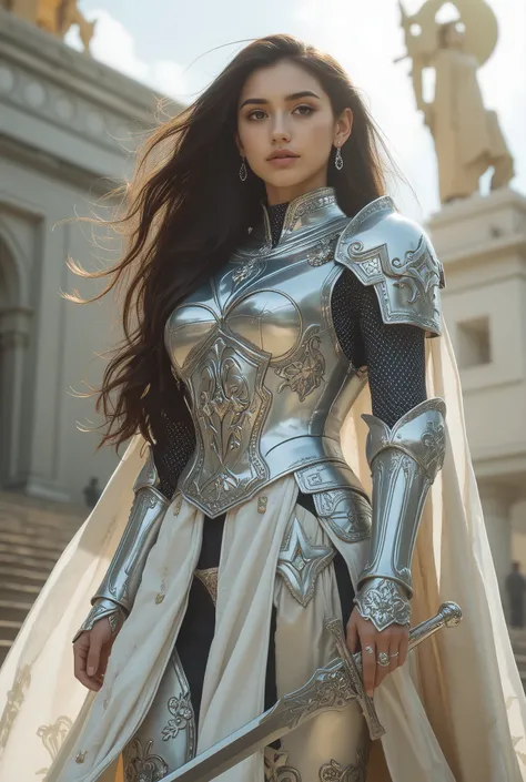 A majestic and muscular female knight standing tall at 180cm, with a statuesque, athletic build and commanding presence — wearing radiant pearl-white full plate armor with elegant silver filigree and subtle iridescent sheen, her long dark hair flowing beh...