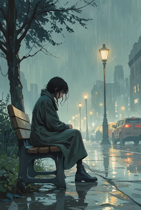 watercolor painting style, a solitary woman sitting on a wooden bench in the rain without an umbrella, her hair and clothes gently soaked, wearing a muted long coat, head slightly lowered, surrounded by a dim, misty atmosphere with blurred outlines and sof...