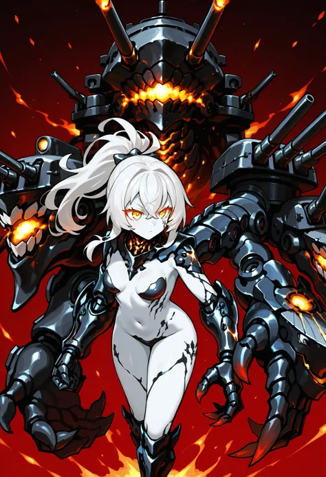 Mechanical weapon girl. Abyssal Fleet. White hair. Ponytail. White skin. Yellow eyes. Completely naked. Black mechanical spine. Black hands. Asymmetrical arms. Armored arms. Sharp claws. Cracked tattoo. Battleship elements. Turret. Mechanical jaw.