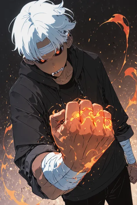 Handsome, Athletic, alone, male, Short spicky hair, long white hair, black orange eye, black shirt, white orange and black unzipped hoodie with rolled up sleeves, black pants, , intricate sketch, expressive eyes nose and mouth, simple pose, clench fist , p...