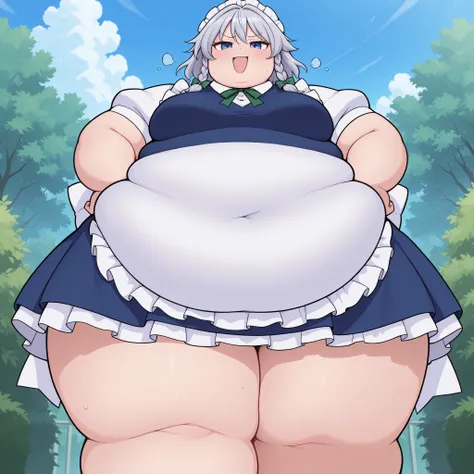 absurdres, highres, masterpiece, best quality, amazing quality, official anime artwork, screencap, anime screencap, garden,
izayoi sakuya, 1girl, solo, blue eyes, twin braids, medium breasts, maid headdress, apron, puffy sleeves,fat, chubby, obese, gigan...