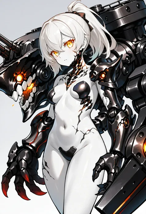 Mechanical weapon girl. Abyssal Fleet. White hair. Ponytail. White skin. Yellow eyes. Completely naked. Black mechanical spine. Black hands. Asymmetrical arms. Armored arms. Sharp claws. Cracked tattoo. Battleship elements. Turret. Mechanical jaw.