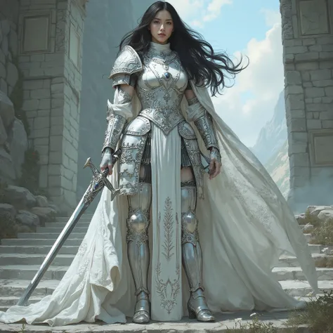 A majestic and muscular female knight standing tall at 180cm, with a statuesque, athletic build and commanding presence — wearing radiant pearl-white full plate armor with elegant silver filigree and subtle iridescent sheen, her long dark hair flowing beh...