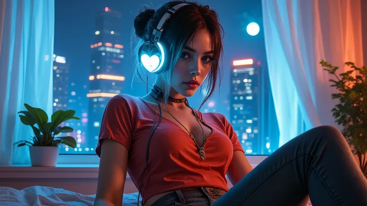 8K, ultra high resolution, hyper realistic, highly detailed, cinematic lighting, photorealistic, cyberpunk and sci-fi atmosphere
A young woman with medium-length blue hair is lying on a bed near the window in an apartment room in a futuristic city.
She is ...