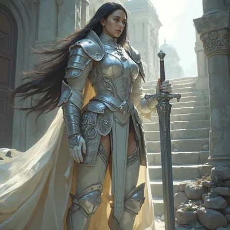 A majestic and muscular female knight standing tall at 180cm, with a statuesque, athletic build and commanding presence — wearing radiant pearl-white full plate armor with elegant silver filigree and subtle iridescent sheen, her long dark hair flowing beh...