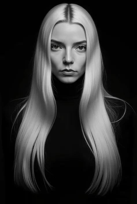 In a monochromatic setting, a subject showcases striking long, blonde hair that flows freely over their shoulders. The hair is characterized by its smooth texture and subtle layers, catching the light in gentle highlights that contrast against a shadowy ba...