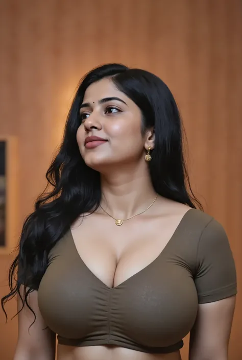 photo of kerala mallu reshma in bedroom kerala.Reshma is curvy chubby shaped.reshma is average sized body. perfectly fit body figure with big breast and indian fair skin tone and black hair.wearing purple sleeveless blouse in bedroom showing navel and deep...