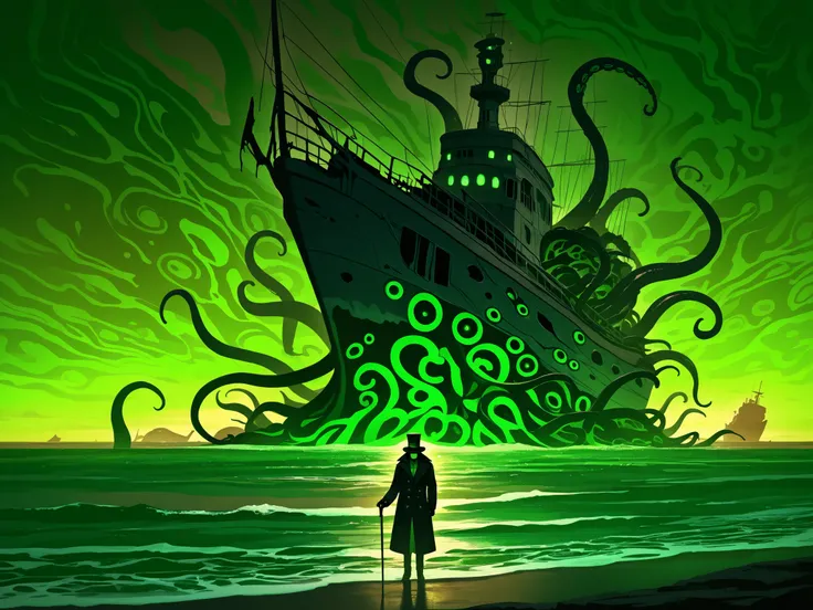 Man's Silhouette, landscape, horror, abstract background, yellow-green background, standing still, top hat, coat, best quality, no face, holding cane, dark silhouette, chthonic, tentacles at backrgound, ship wrecks. wrecked ship, at seaside, back to viewer...