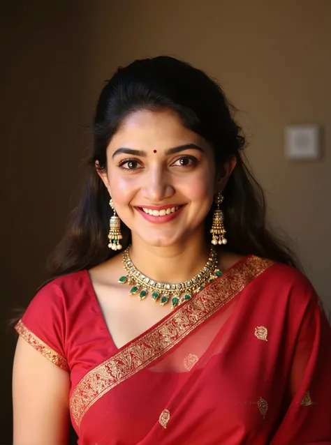 ((best quality)), ((masterpiece)), (detailed), perfect faceA sexy Indian 30 year old married woman draped in a net red saree, her large breasts peeking out from her flared blouse and her mangalsutra, her bare stomach and navel visible