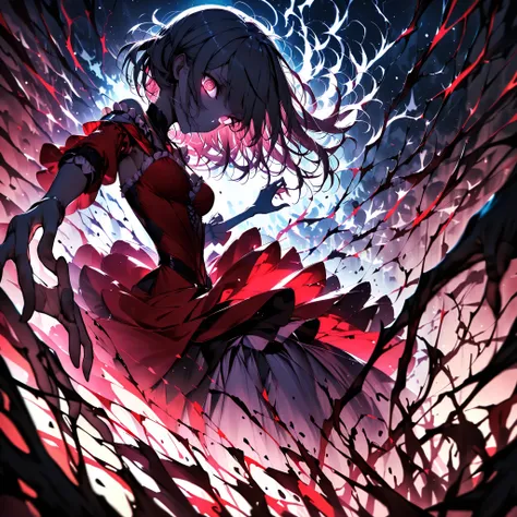 medium hair, sleepy eyes,Zitoida,  cute,solo,1 , (Best Quality, Super Sharp, detail),dynamic angle,Terrible Hands,low angle,watch viewers,eye afterglow effect,cinematic,@_@,creepy dark eyed,Dynamic Poses,Undead are rampant,delicate background,dreamy backgr...