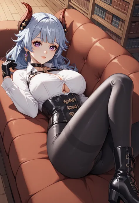 source_anime, 1 adorable girl, ((Adorable girl's face)), short stature, Alone, (((lying completely on a sofa))), (((seen from above))), old library, candelabras, at night, (hired, genshin impact), looking at the spectator, huge breasts, pale skin, hair azu...