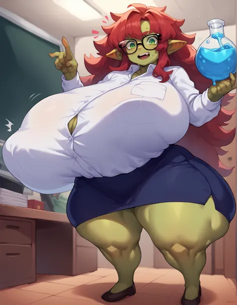 Score _9, Score _8_climb, Score _7_climb, origin _Anime, High Detail ,High quality, 5_fingers, goblin, goblin girl, , long hair, frizzy hair, green eyes, red Hair, green skin, goblin, @ @, Long sleeves, very big breasts, hyper breasts, very big hips, very ...