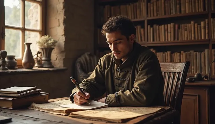 "Young Orhan, in his age , sitting alone in a study, writing notes or contemplating his father's lessons on leadership, military power, and political strategy. The room is filled with scrolls, books, and maps."
