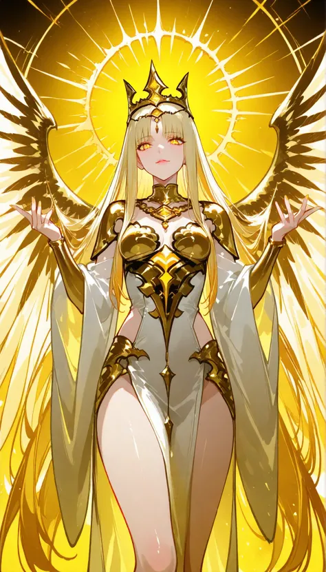 Create an anime-style female character with long flowing blonde hair and prominent golden eyes. She has a calm yet fierce expression, with her lips slightly parted. She is adorned in a white silk slit dress, gold necklace, gold bracelet. on her back are ma...