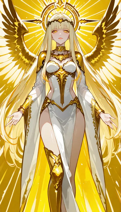 Create an anime-style female character with long flowing blonde hair and prominent golden eyes. She has a calm yet fierce expression, with her lips slightly parted. She is adorned in a white silk slit dress, gold necklace, gold bracelet. on her back are ma...