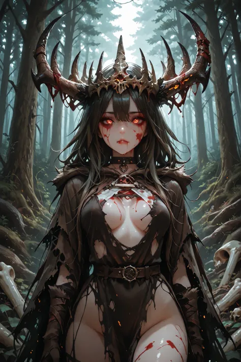 A forest witch, with a beautiful, blood-painted face, sexy body, with torn cloth clothes and animal skin, with a bone crown, with diabloical eyes