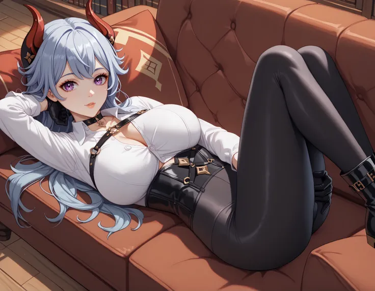 source_anime, 1 adorable girl, ((Adorable girl's face)), short stature, Alone, (((lying completely on a sofa))), (((seen from above))), old library, candelabras, at night, (hired, genshin impact), looking at the spectator, huge breasts, pale skin, hair azu...