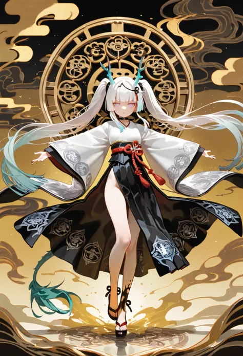 1girl, light lavender eyes, jitome, white Hair, black Gradient Hair, blunt bangs, hime cut, oriental dragon horns, dragon tails, ponytails, small Breast, maid, high waist, long Side slit skirt, Choker, bare legs, foot, black nails, flower pattern, masterpi...