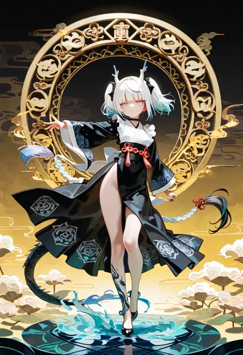1girl, light lavender eyes, jitome, white Hair, black Gradient Hair, blunt bangs, hime cut, oriental dragon horns, dragon tails, ponytails, small Breast, maid, high waist, long Side slit skirt, Choker, bare legs, foot, black nails, flower pattern, masterpi...