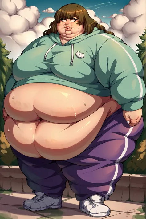 tsuya, 1girl, long hair, solo, brown hair, brown eyes, sweater, hoodie, sweatpants, shoes, giant hands, giant feet, fat, chubby, obese, gigantic arms and legs, gigantic breasts, sagging breasts, full body shot, fat face, chubby face, double chins, big lips...