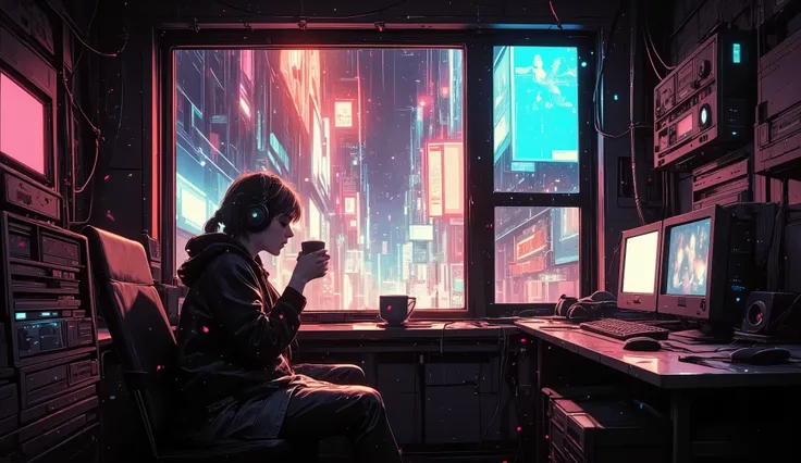 8K, ultra-high resolution, ultra-realistic, cinematic lighting, soft shadows, warm muted colors, photorealistic illustration.
A cyberpunk girl sitting by a rainy window in a small, dimly lit futuristic room filled with glowing neon signs, floating hologram...