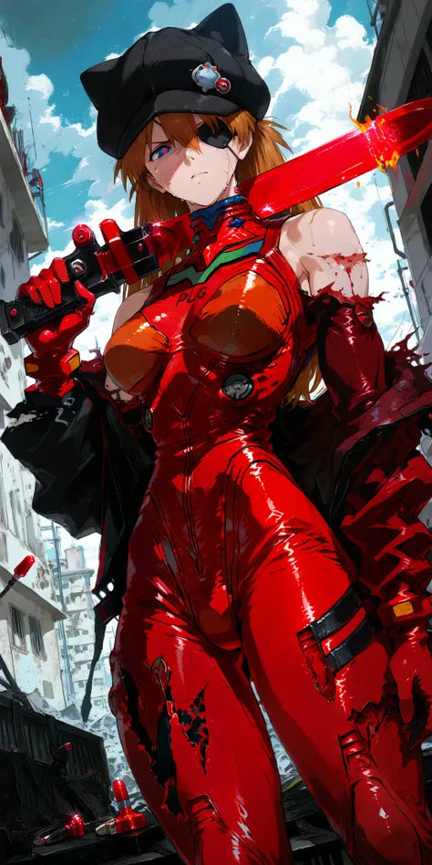 Shikinami Asuka Langley, neon genesis evangelion, rétro anime style, (absurderes, 8K, 4K, masutepiece, hyper extreme detailed), Best Quality, Perfect Anatomy, Perfect face, Facing forward, Artboard, top quality, (((((A tattered red plug suit))))), (Torn cl...