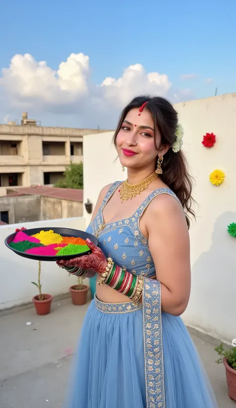 An Indian woman celebrating Holi on a sunny rooftop. She is wearing a traditional mustard blue lehenga with detailed embroidery and mirror work. Her hair is tied back and adorned with jasmine flowers. She holds a black plate filled with vibrant Holi colors...