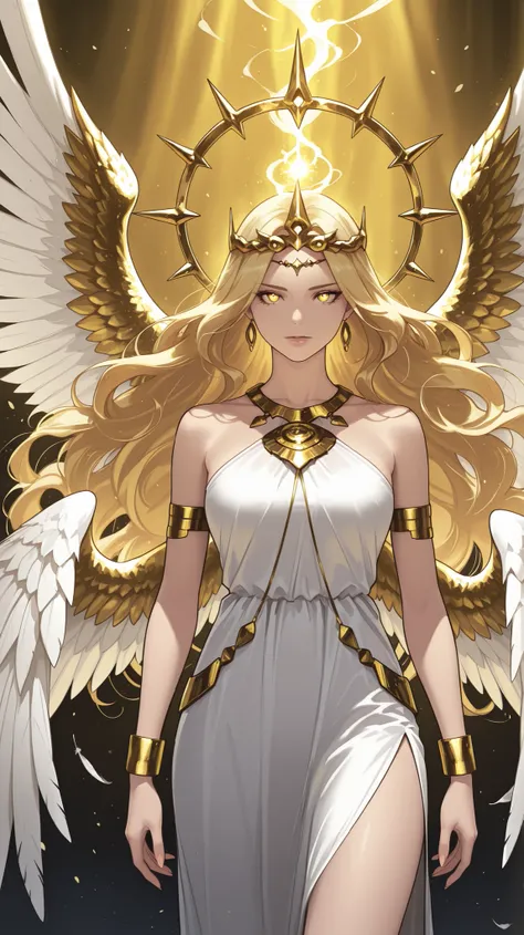 Create an anime-style female character with long flowing blonde hair and prominent golden eyes. She has a calm yet fierce expression, with her lips slightly parted. She is adorned in a white silk slit dress, gold necklace, gold bracelet. on her back are ma...