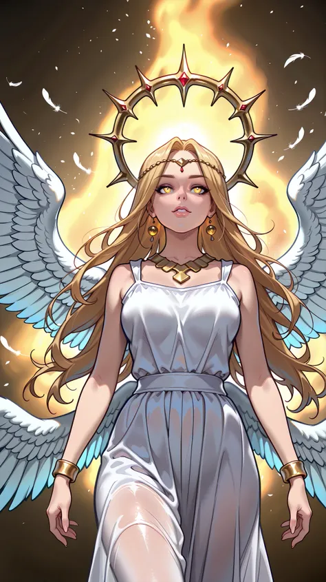 Create an anime-style female character with long flowing blonde hair and prominent golden eyes. She has a calm yet fierce expression, with her lips slightly parted. She is adorned in a white silk slit dress, gold necklace, gold bracelet. on her back are ma...