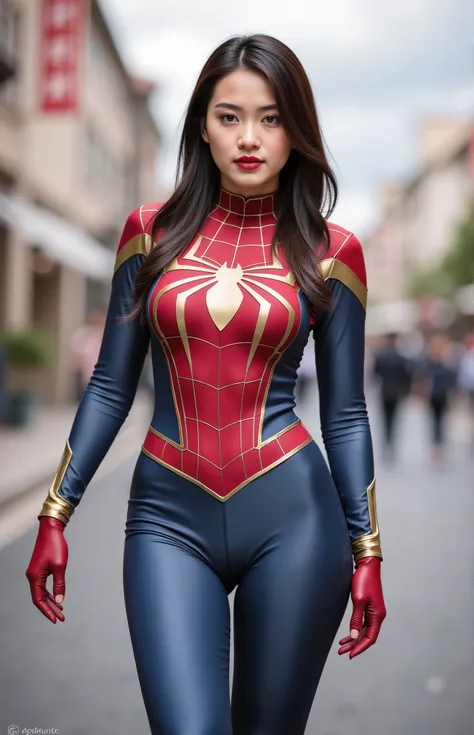 1 girl. gal gadot wear tight slim spiderman cotton costumes with gold stripes. tight cotton outfit . small breasts. small chest. skinny slim body. chinese cute young girls . beautiful faces. side back posing , white skinny body, slender. with legs open wi...