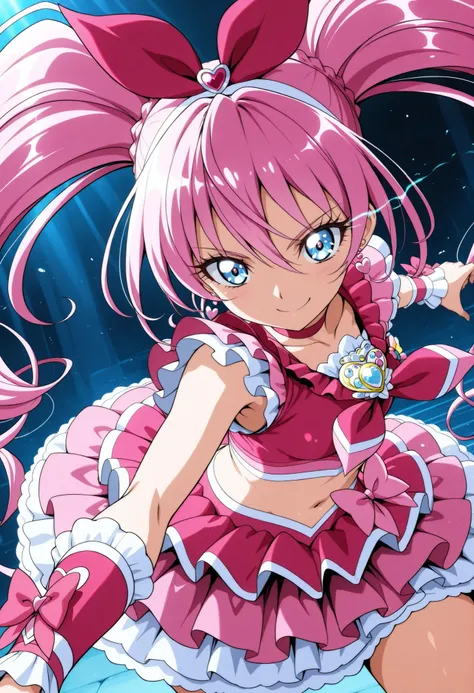 Cure Melody, belly button, pink bow:1.2, Headband,twin tails, intense action pose, eye trail, (Best Quality,4K,8k,Hi-Res,masterpiece:1.2),EXTREME DETAILS,(cute, anime style:1.37),very detailed eyes and face,long eyelashes,Look at viewers sharply, anatomica...
