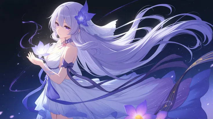 A mystical and elegant character with long flowing hair, adorned with delicate orchid flowers. The outfit features intricate ribbon-like patterns, symbolizing connection and harmony. The background is dreamy with soft glowing lights, creating an ethereal a...