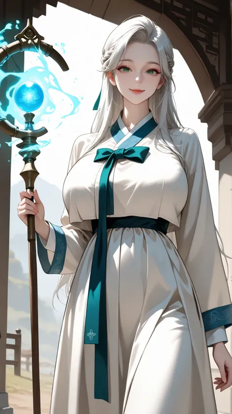 very aesthetic, 걸작, 고해상도, 8k 해상도, high contrast, (semi-realistic), newest, koreanai, RP-Illu, best_quality, finely_detailed_eyes_and_detailed_face, (1 girl), solo, long_hair, straight_hair, french braid, (slicked_side:1.5), brown_outer, white_hanbok,  hold...