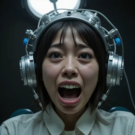 Masterpiece mindcontrol photo, photorealistic close up portrait of a young crying japanese girl (((((((looking into camera in maximum mortal fear and panic, extremely horrified distorted face, wide open mouth crying, wide open desperate eyes, corners of mo...