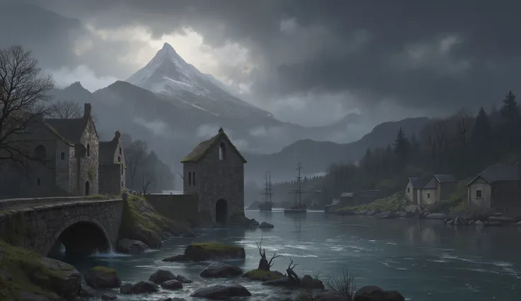 A fantasy scene with a run down ruined stone bridge crossing a river from left to right across the scene, a few rustic looking stone buildings at the end of the bridge [Background with] sunlit clouds and a cloud covered mountain top, [Foreground with] the ...