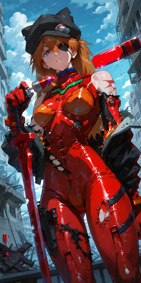 Shikinami Asuka Langley, neon genesis evangelion, rétro anime style, (absurderes, 8K, 4K, masutepiece, hyper extreme detailed), Best Quality, Perfect Anatomy, Perfect face, Facing forward, Artboard, top quality, (((((A tattered red plug suit))))), (Torn cl...