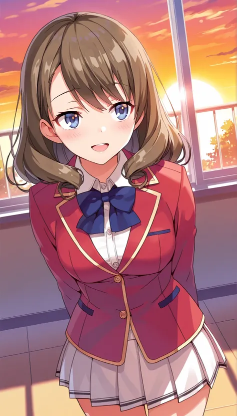  score_9,score_8_up,masterpiece,best quality,correct anatomy,anime_source,1girl,solo,Sato Maya,long hair,curly hair,brown hair,bangs,blue eyes,glossy lips ,school uniform,red blazer(closed blazer ,buttoned blazer) ,blue bowtie,collared shirt,white shirt, m...
