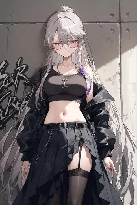 1girl, skirt, solo, virtual_youtuber, black_skirt, navel, multicolored_hair, long_hair,grey_hair, shirt, ponytail,black_footwear, sneakers, wall_background, thighhighs, ponytail, smile,smug,cowboy_shot,garter_belt, belt, closed_mouth, black_shirt,  black_h...