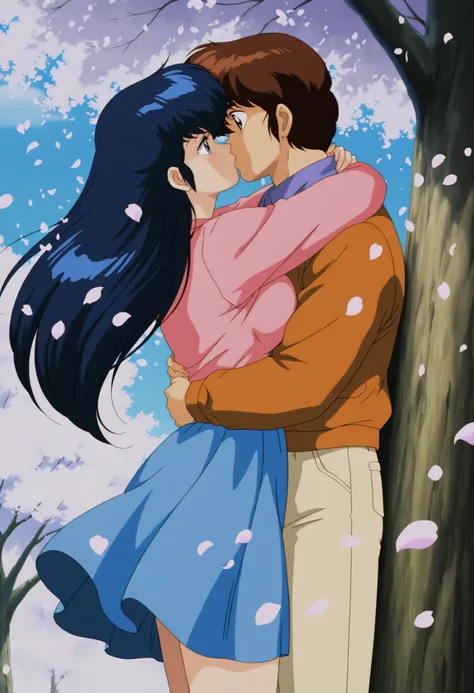 masterpiece,best quality,amazing quality,anime screencap,retro artstyle,1980s \(style\),
Otonashi kyoko,1girl,
blue hair,blue eyes,breasts,
1boy,hug,kiss,under tree,petals,wind,brown hair,brown eyes,