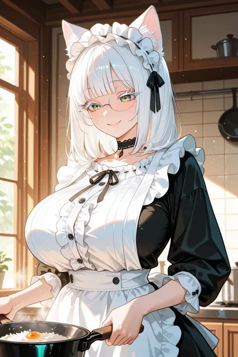 cooking, head Shaking the pan, sautéing rice, High heat, adult woman, tall, Cat ears, White haired, medium hair, gleaming skin, green eyes, long eyelashes, Shiny Hair, smile, growing eyes, slant eyes, skinny, huge breasts, medium hip, blunt bangs, under rim glasses	
, classical White maid clothes, White frilled shirt miniskirt, frilled shirt long eyelashes, White back frilled shirt apron
, scalloped lace, large Ribbon tie, black frilled shirt choker necklace, decorative buttons, black frilled shirt headdress, masterpiece, Highest Quality, amazing quality, Newest, very detailed, high resolution, clean lines, smooth lines, sharp, Anime-style digital painting, Detailed drawing
, depth of field, drop shadow, watercolor, lens flare, iridescent light, dynamic lighting, strong light, high saturation, backlighting, dappled sunlight, Particles of Light, Light rays