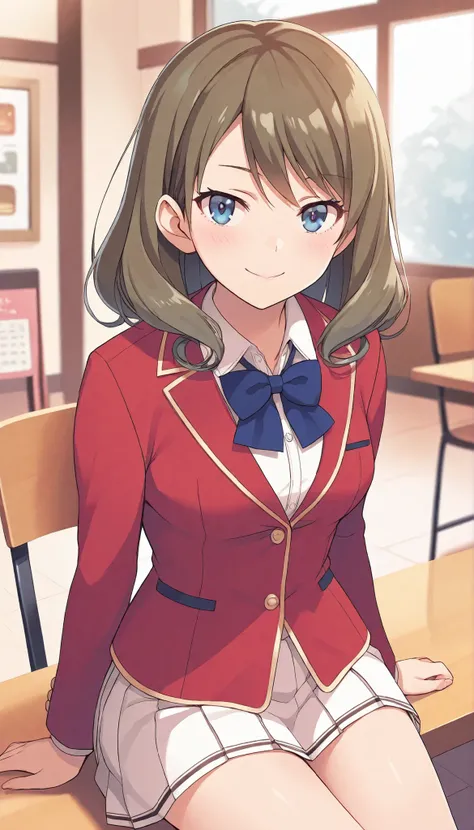  score_9,score_8_up,masterpiece,best quality,correct anatomy,anime_source,1girl,solo,Sato Maya,long hair,curly hair,brown hair,bangs,blue eyes,glossy lips ,school uniform,red blazer(closed blazer ,buttoned blazer) ,blue bowtie,collared shirt,white shirt, m...