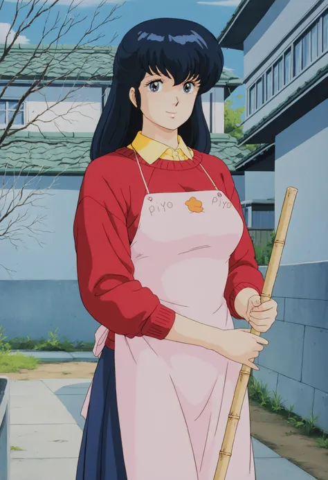 masterpiece, best quality, amazing quality, detailed background, perfect eyes, anime coloring, anime screenshot, 1980s \(style\), 1girl, solo, mature female, otonashi kyouko, black hair, long hair, , blue eyes, medium breasts, yellow shirt under red sweate...