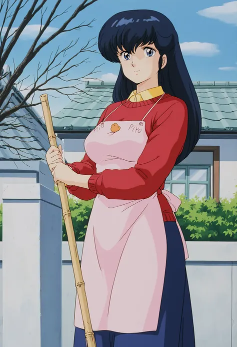 masterpiece, best quality, amazing quality, detailed background, perfect eyes, anime coloring, anime screenshot, 1980s \(style\), 1girl, solo, mature female, otonashi kyouko, black hair, long hair, , blue eyes, medium breasts, yellow shirt under red sweate...