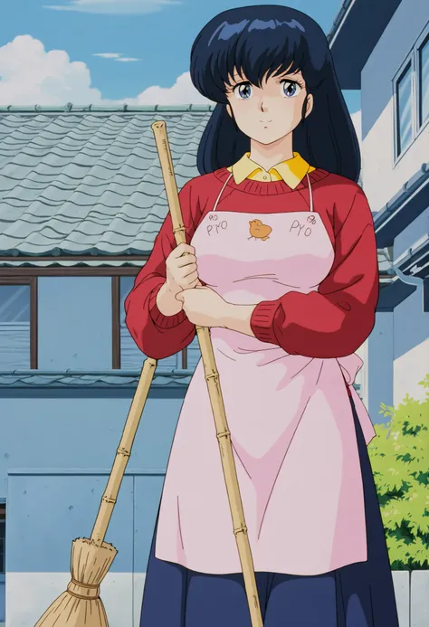 masterpiece, best quality, amazing quality, detailed background, perfect eyes, anime coloring, anime screenshot, 1980s \(style\), 1girl, solo, mature female, otonashi kyouko, black hair, long hair, , blue eyes, medium breasts, yellow shirt under red sweate...