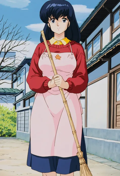 masterpiece, best quality, amazing quality, detailed background, perfect eyes, anime coloring, anime screenshot, 1980s \(style\), 1girl, solo, mature female, otonashi kyouko, black hair, long hair, , blue eyes, medium breasts, yellow shirt under red sweate...