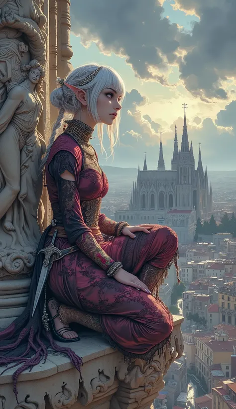 (A fusion of Ukiyo-e and dark fantasy. Aesthetic and gothic digital art. Illustrations are drawn from the perspective of looking up diagonally from the ground.) BREAK
(White hair. Blunt bangs. White eyebrows. Long white eyelashes. Almond-shaped eyes. Lave...