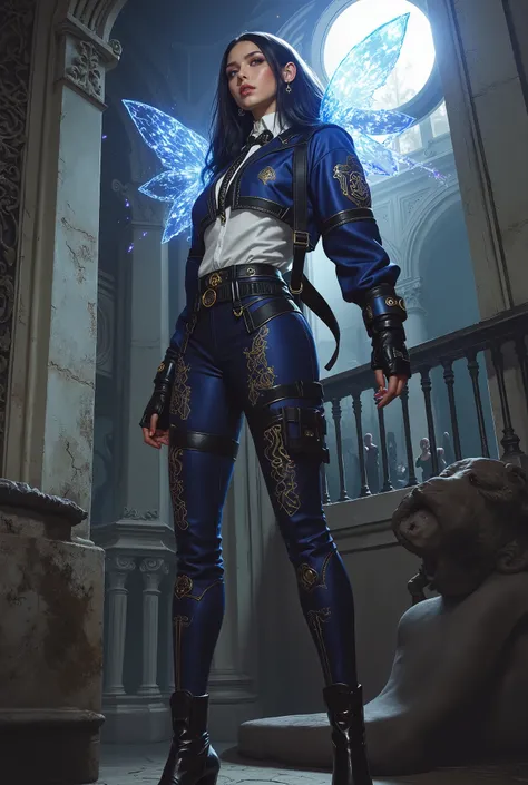 (A stunning tall woman is posing like a fashion model:1.5), (She is an anti-hero wearing intricated desighned vivid indigo and iridescent white and golden uniform:1.7), mechanical biomorphism, horror art, intricate details, maximalist perfect illustration,...