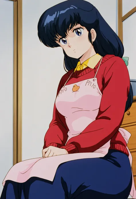 masterpiece, best quality, amazing quality, detailed background, perfect eyes, anime coloring, anime screenshot, 1980s \(style\), 1girl, solo, mature female, otonashi kyouko, black hair, long hair, , blue eyes, medium breasts, yellow shirt under red sweate...